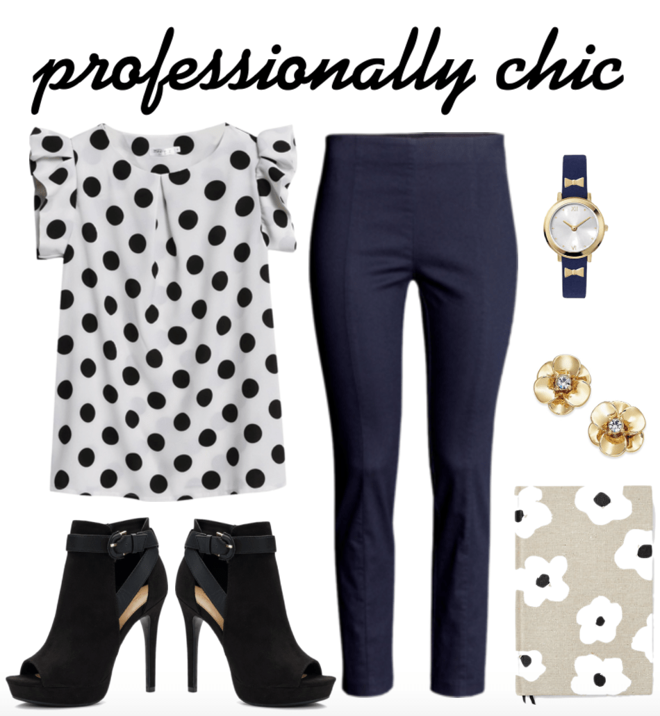 Professionally chic navy & black outfit 1 for the office: Black and white polka dot blouse, navy blue pants, navy blue bow watch, gold floral stud earrings, floral journal, black high heel ankle boots