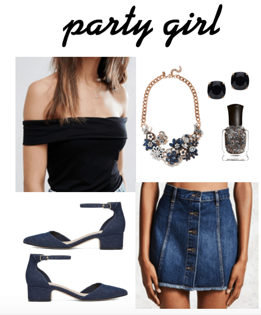 Navy & black outfit 2: Party outfit with button-front denim mini skirt, off-the-shoulder black top, navy sandals, navy statement necklace, glitter nail polish and black stud earrings