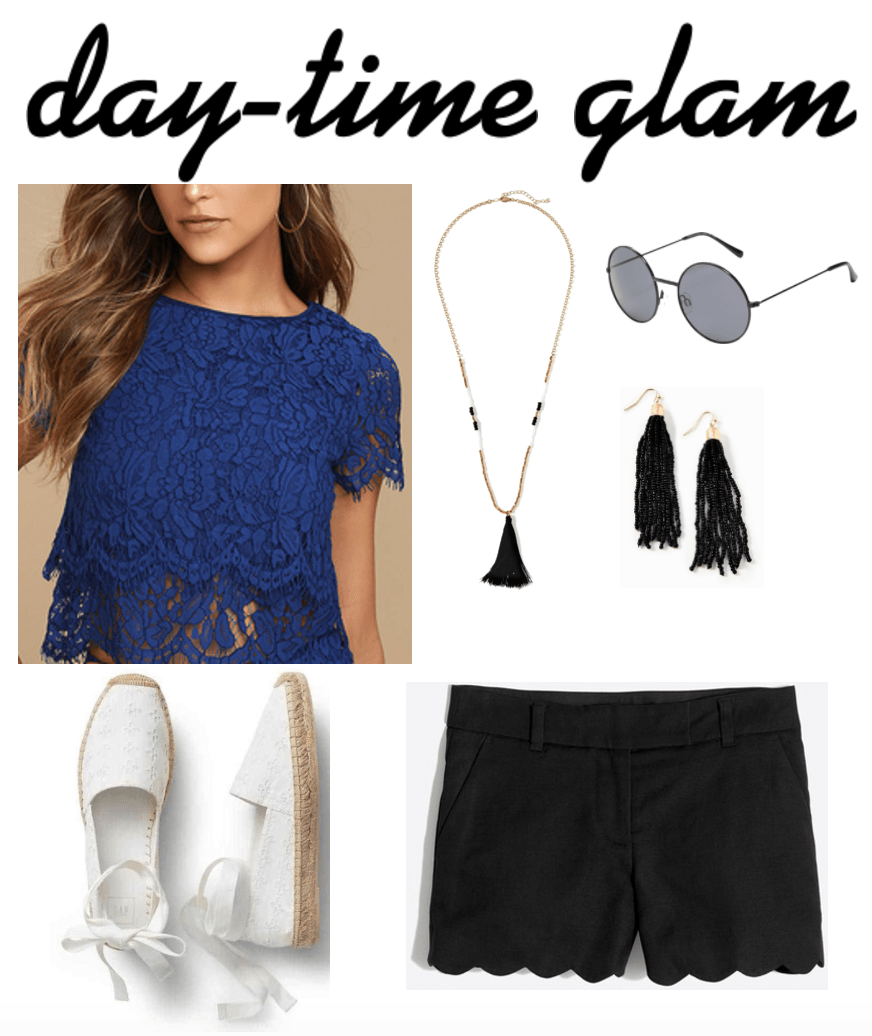 Navy & black outfit 3: day-time glam: Summer outfit idea with navy lace crop top with short sleeves, navy tassel necklace, black tassel earrings, round sunglasses, white espadrille flats, black scalloped shorts