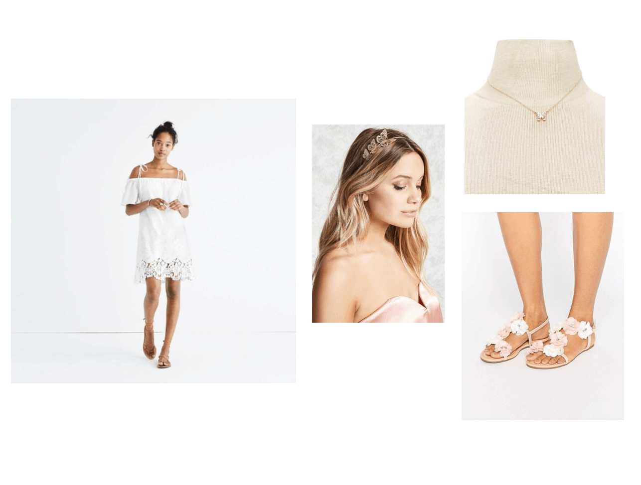 Pretty summer outfit idea: Off the shoulder white dress with lace accents, simple pendant necklace in gold, flower sandals, headband