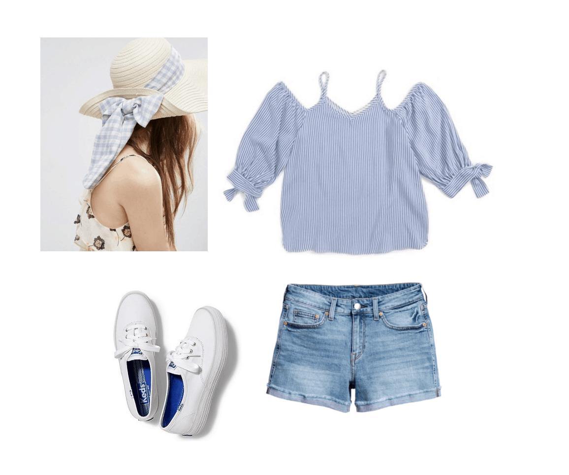 Summer outfit idea: Light blue off the shoulder top, denim cutoff shorts with small cuff, platform Keds sneakers, wide brim straw hat with gingham ribbon