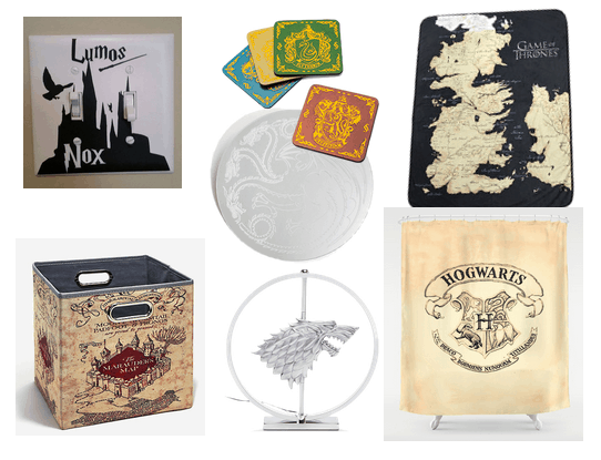 Harry Potter room ideas and Game of Thrones decor: Our favorite pieces of Harry Potter dorm decor including a Lumos lightswitch cover, Harry Potter coasters, a Marauder's Map storage box, and a Hogwarts shower curtain. Game of Thrones decor includes a Westeros mouse pad and a direwolf lamp