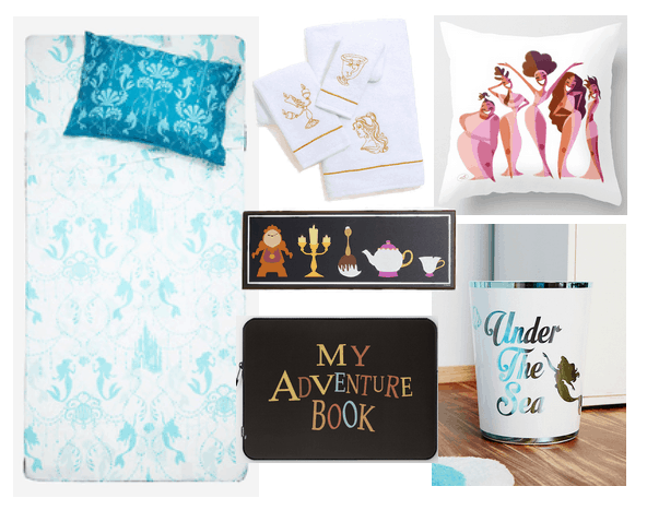 Disney room decor for dorms and apartments: Little Mermaid sheets and pillowcases, Beauty and the Beast towels, Beauty and the Beast wall decor, My Adventure Book laptop case, Under the Sea trash can, Hercules pillow