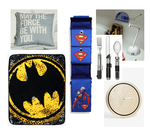 Star Wars / DC Comics room decor: May the Force Be With You pillow, Superman organizer, Batman mousepad, R2D2 lamp, Star Wars silverware, Wonder Woman clock