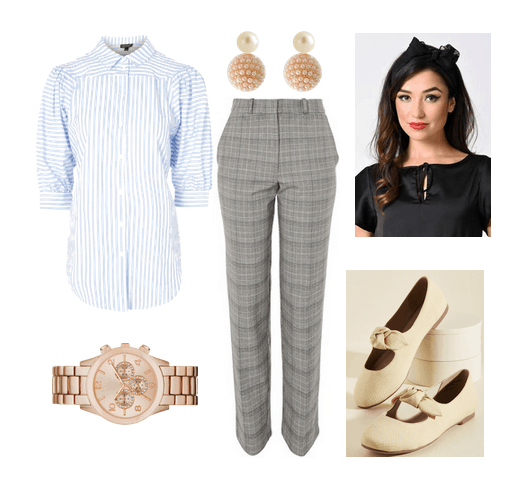 Vintage-inspired workwear: Outfit for a casual workplace or internship with slim fit gray pants, blue striped blouse, stud earrings, rose gold watch, beige bow flats, black head scarf