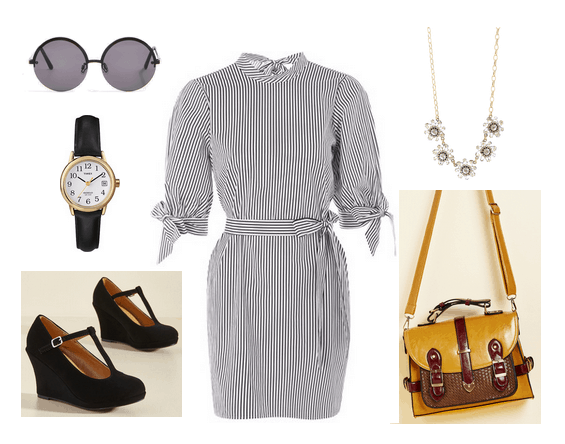 Vintage-inspired workwear: Outfit for a casual workplace or internship with striped shirtdress, mary-jane wedges, messenger bag in yellow, classic black watch, floral statement necklace, round sunglasses