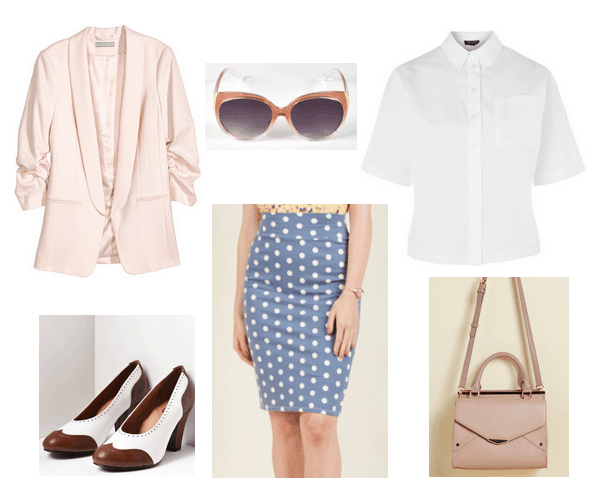 Vintage-inspired workwear: Outfit for a casual workplace or internship with blush pink blazer, white shirt, blue polka dot pencil skirt, vintage pumps in brown and white, retro sunglasses, pink envelope bag