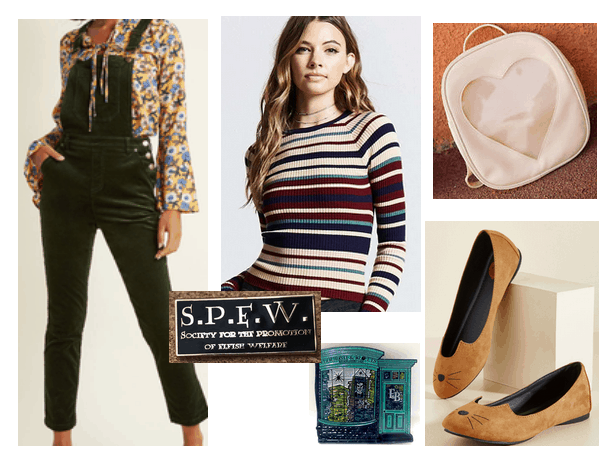 Back to school outfit idea inspired by Harry Potter: Hermione Granger style outfit with striped sweater, black overalls, heart backpack, cat flats, SPEW badge