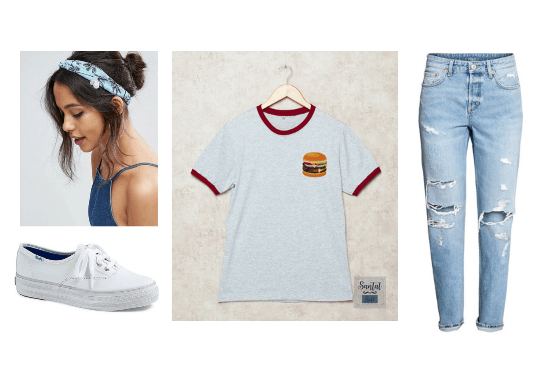 EXO Ko Ko Bop Video Fashion - Outfit with burger tee shirt, ripped mom jeans, platform Keds, blue palm tree print headband