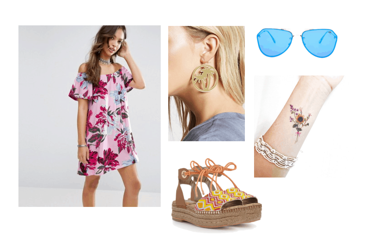 EXO Ko Ko Bop Video Fashion - Outfit with an off-the-shoulder floral dress in pink, palm tree hoop earrings, floral temporary tattoo, blue sunglasses, orange and yellow patterned espadrille flats