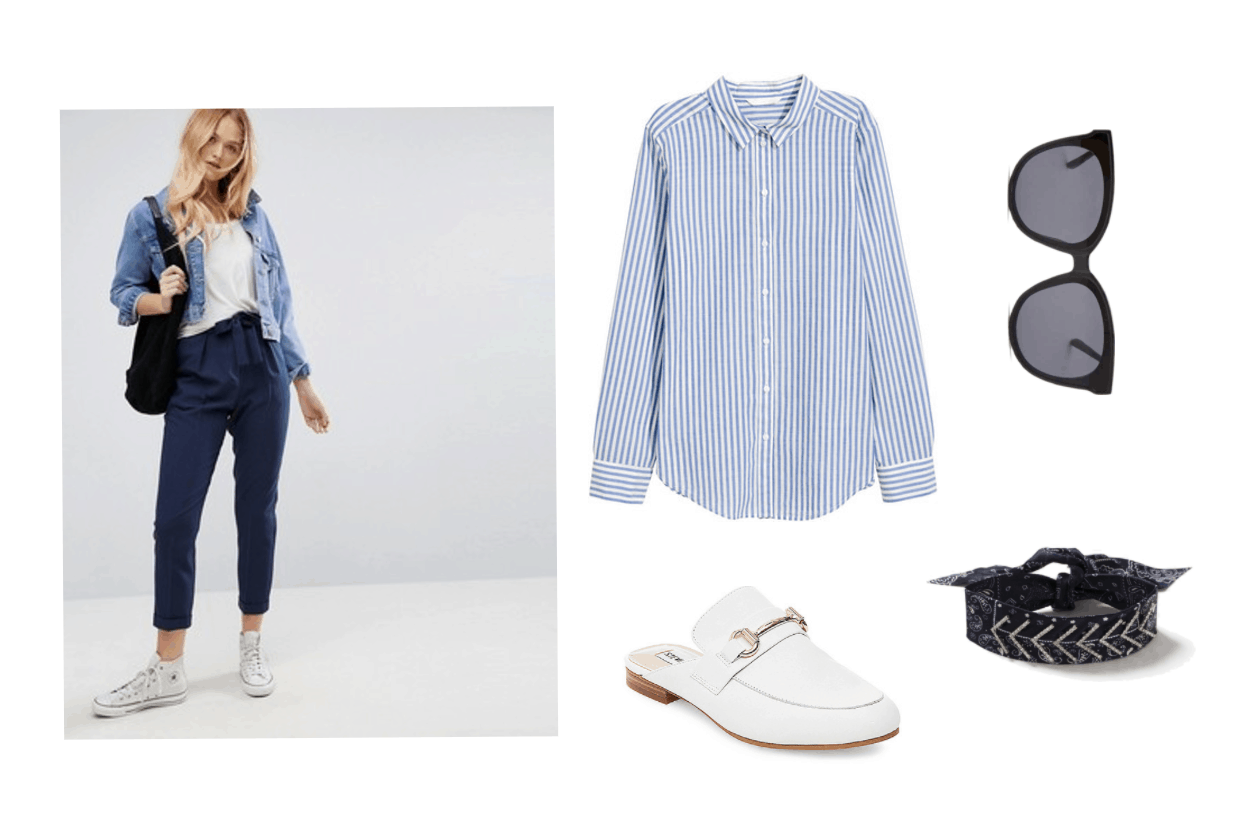 EXO Ko Ko Bop Video Fashion - Outfit with navy blue joggers, a striped button-down shirt in blue and white, white oxford mules, black oversized sunglasses