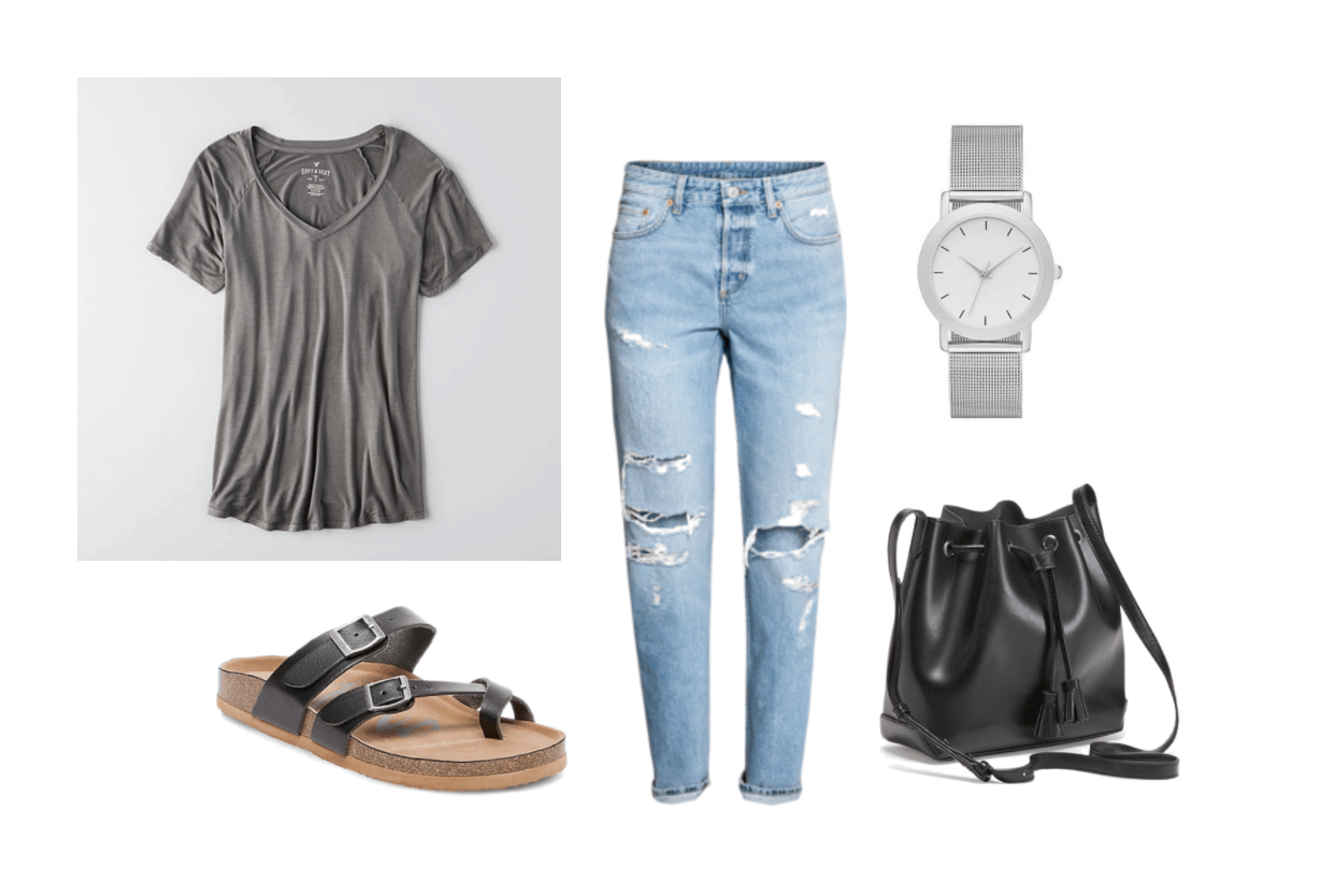 Boyfriend jeans styling - outfit 1 for class: Ripped boyfriend jeans, gray t-shirt, black Birkenstock sandals, black cinch bag, silver watch