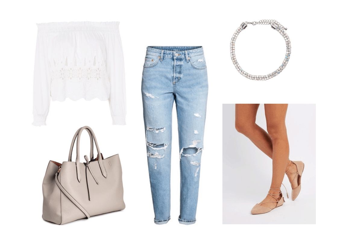 Boyfriend jeans styling - outfit 2 for class: Ripped boyfriend jeans, off-the-shoulder white bardot top, glitter choker, lace-up ballet flats, taupe tote bag