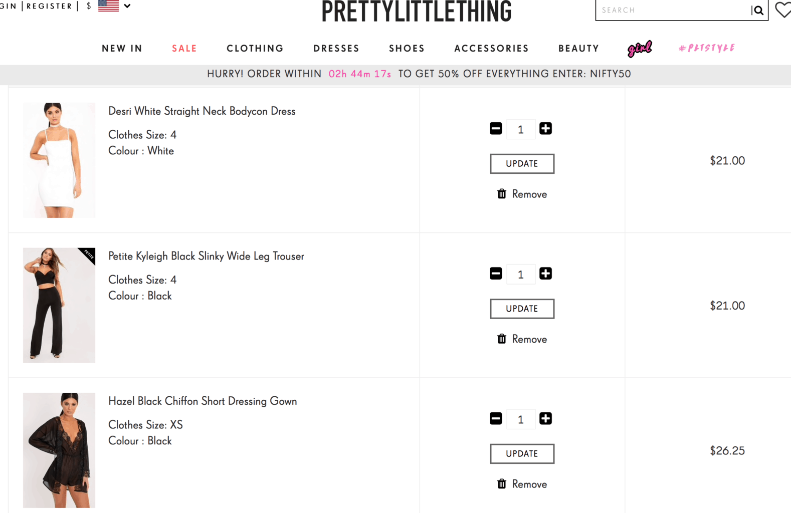 Screenshot of Pretty Little Thing website.