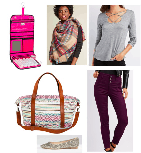 blanket scarf, long sleeve shirt, purple pants, flats