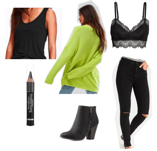 Green oversized sweater, black barrette and tank top, black jeans, black boots