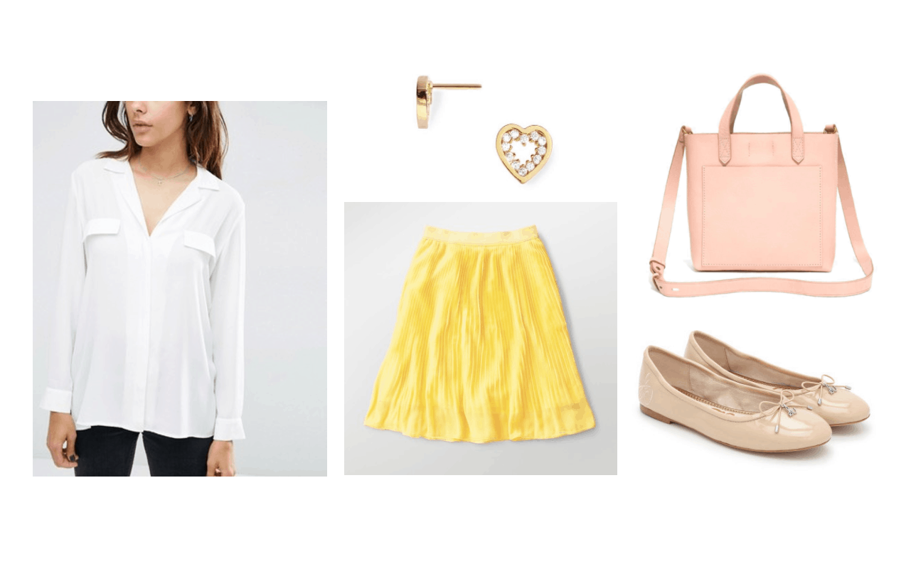 BTS Serendipity music video fashion: Outfit inspired by the video with white button-front shirt, yellow ruffle skirt, pink tote bag, nude patent flats, heart shaped earrings