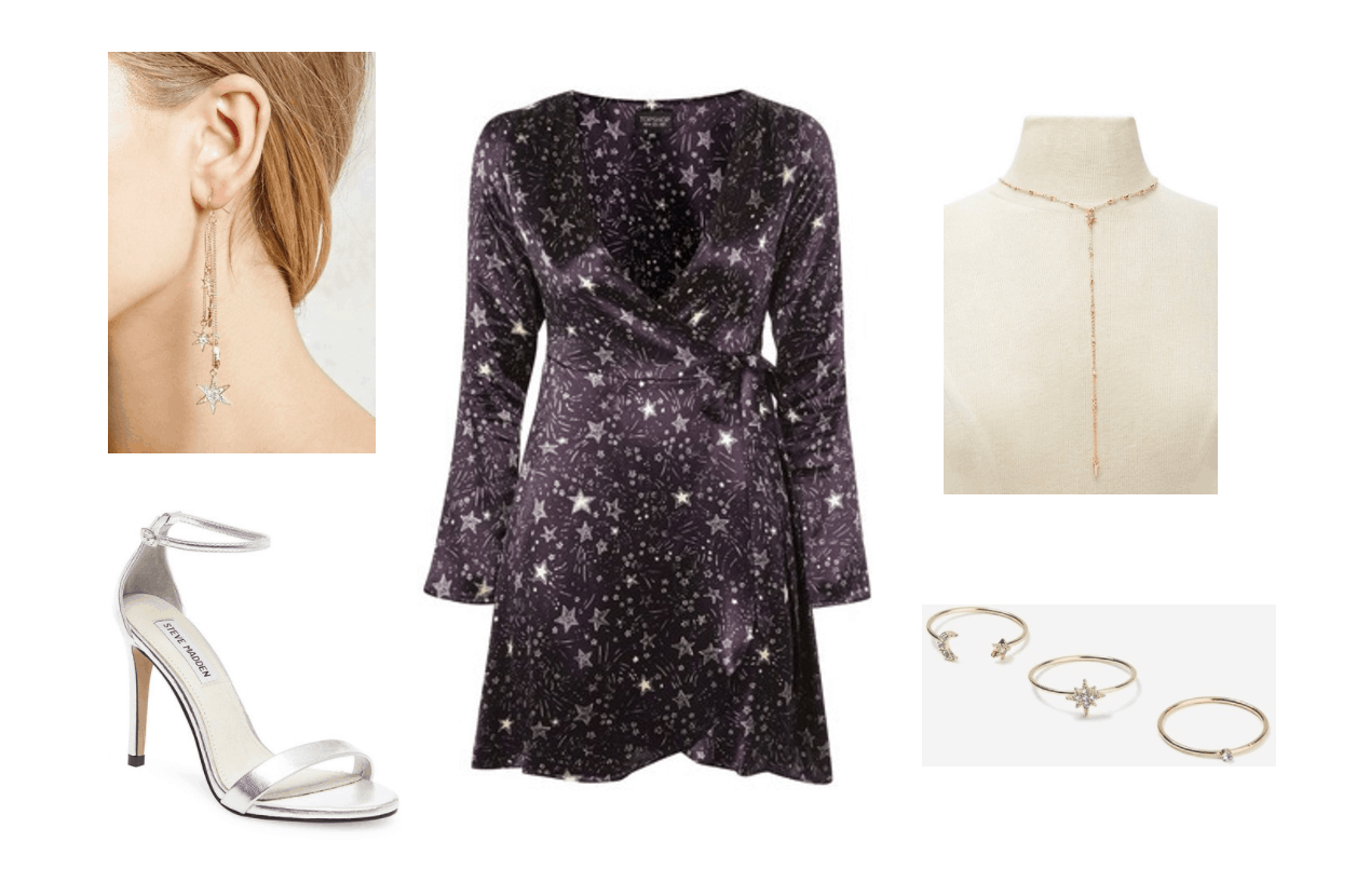 BTS Serendipity music video: Outfit inspired by the video with star print wrap dress, silver heels, long dangly earrings, lariat necklace