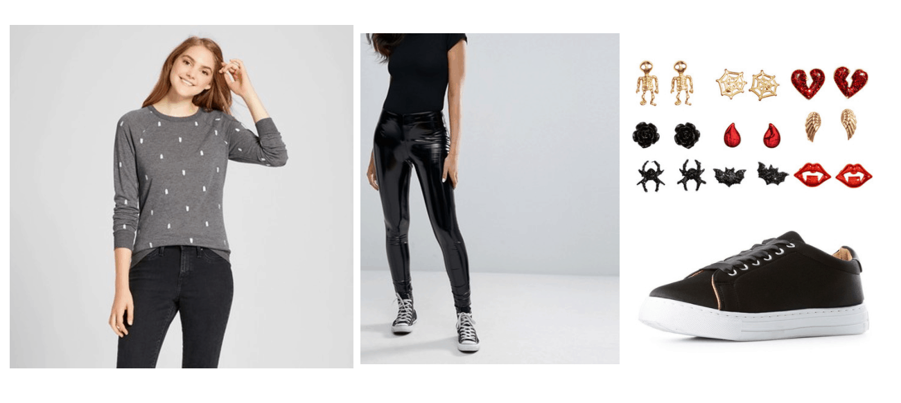 Subtle Halloween outfit for class: Ghost print sweater, leather pants, sneakers, stud earrings