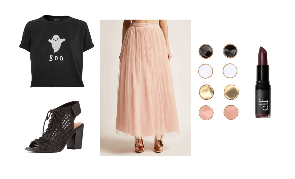 Subtle halloween outfit: Pink tulle skirt, boo tee shirt, dark lipstick, stud earrings, chunky heel peep toe booties