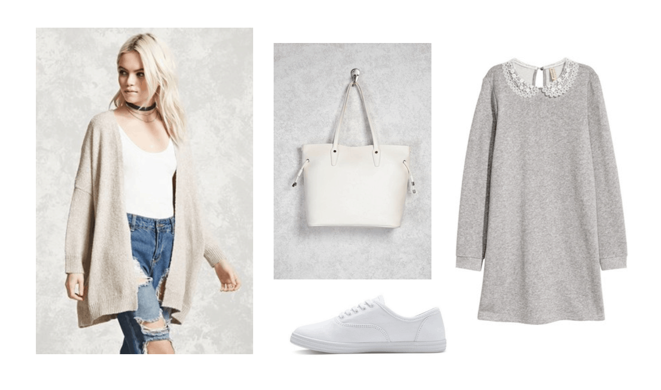 Fall outfits: Cute outfit for fall with beige cardigan, gray long sleeve top, white tote bag, white sneakers