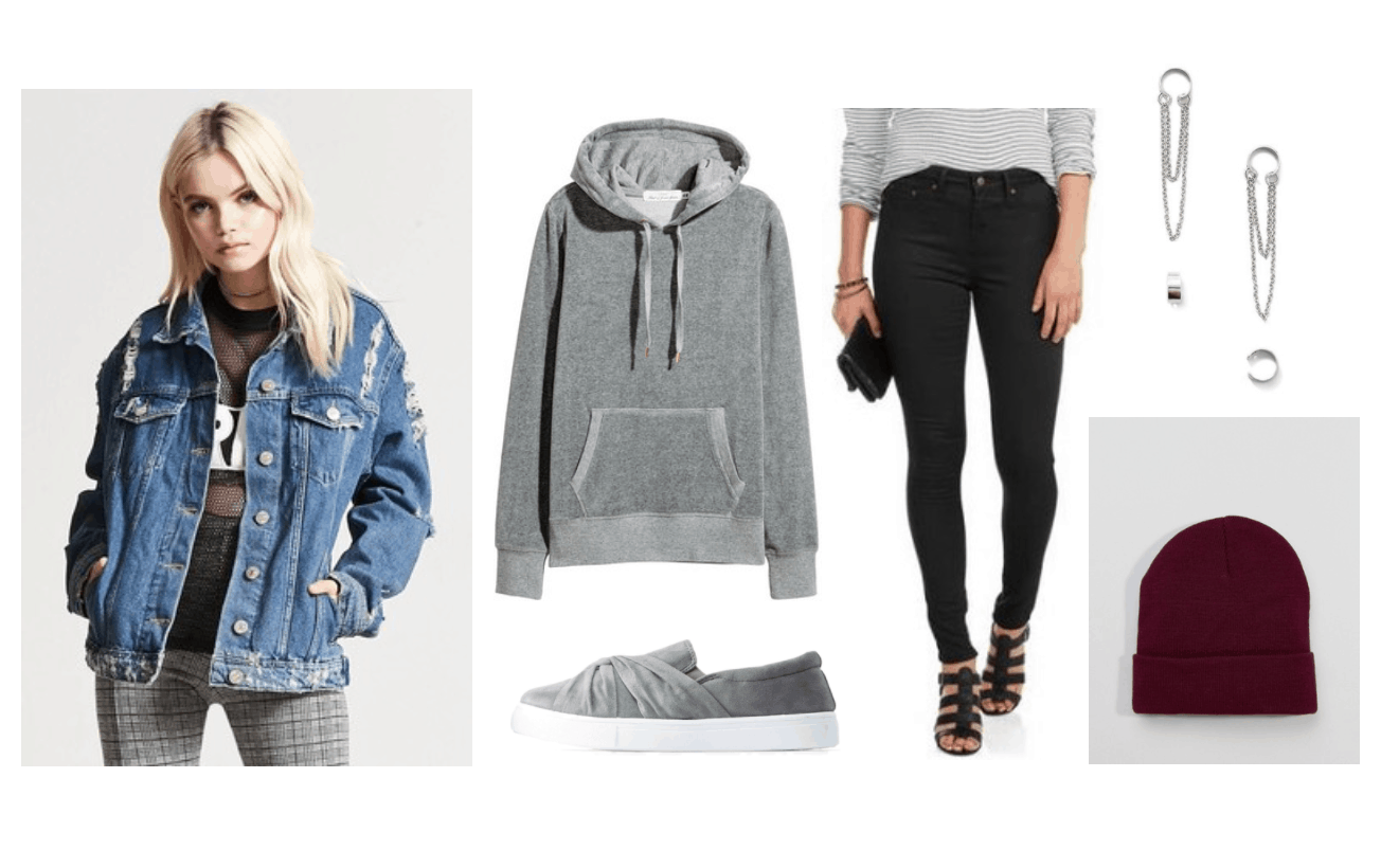 Fall outfits: Cute outfit for fall with denim jacket, gray sweatshirt, black skinny jeans, gray and white sneakers, burgundy hat, silver chain earrings