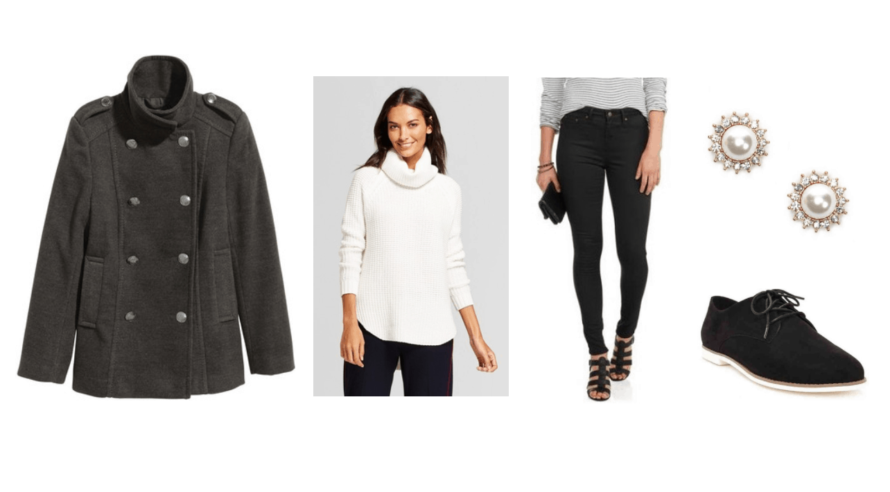 Peacoat outfit 1: Gray double breasted pea coat, white turtleneck sweater, dark wash jeans, oxfords, pearl earrings