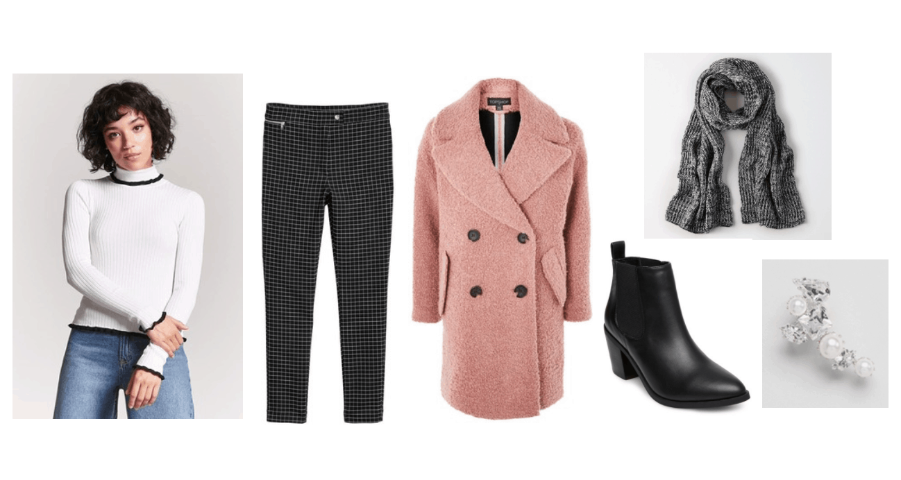 John Park Smile music video fashion: Outfit inspired by the video with pink coat, white turtleneck sweater, black jeans, dark gray scarf, Chelsea boots