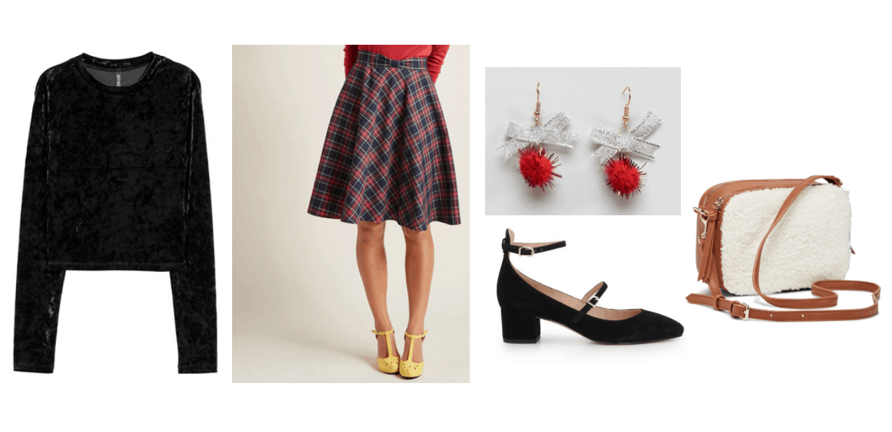 John Park Smile music video fashion: Outfit inspired by the video with black sweater, plaid skirt, Mary Jane heels, red and silver bow earrings, sherpa cross-body bag