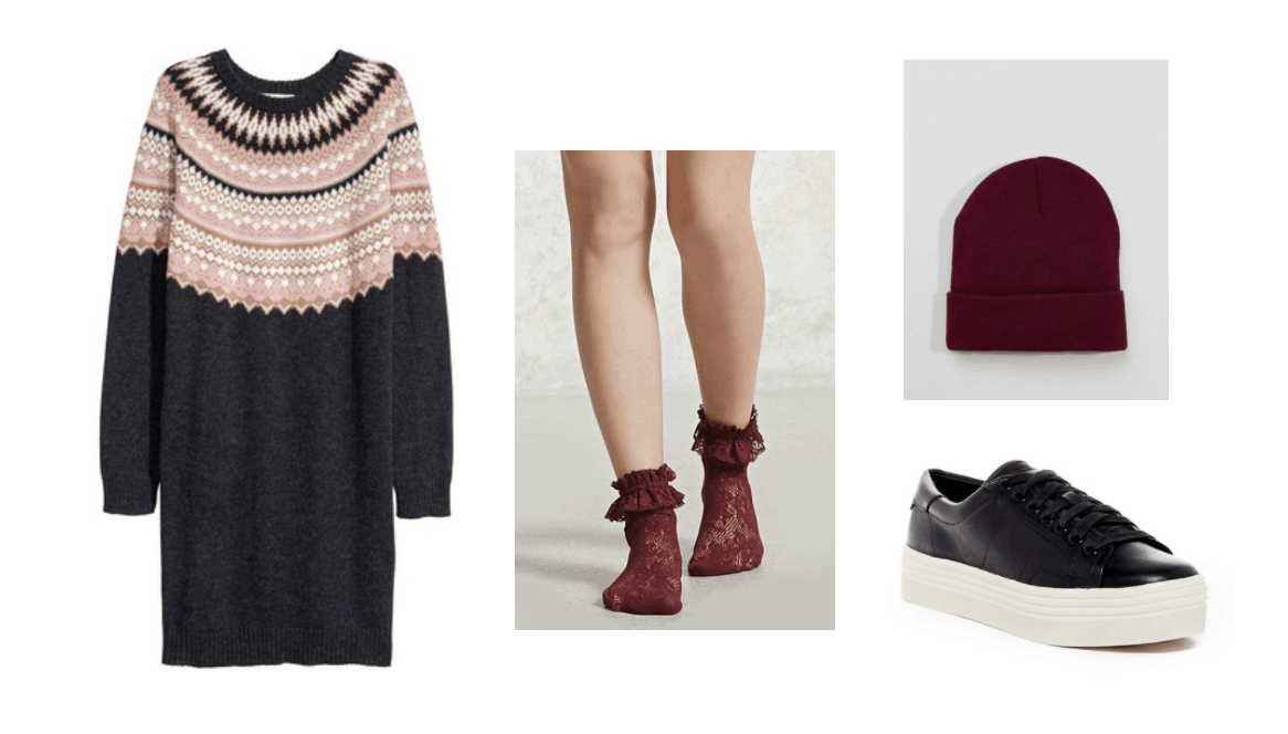 John Park Smile music video fashion: Outfit inspired by the video with fair isle sweater dress, burgundy ruffle socks, black platform sneakers