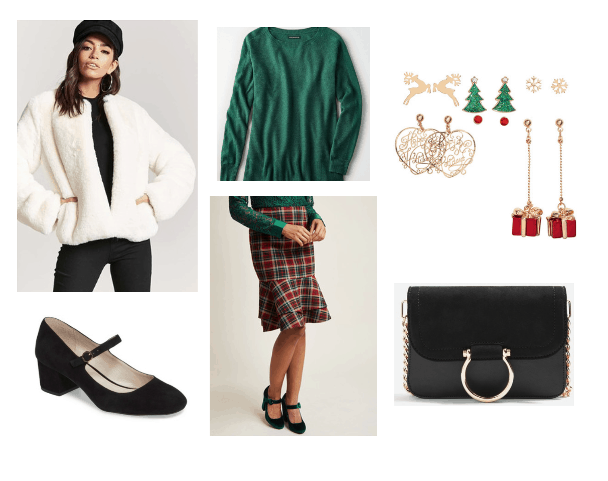 Festive Holiday Look: green sweater, plaid pencil skirt, faux-fur jacket, mary-jane pump, holiday earrings, black crossbody bag