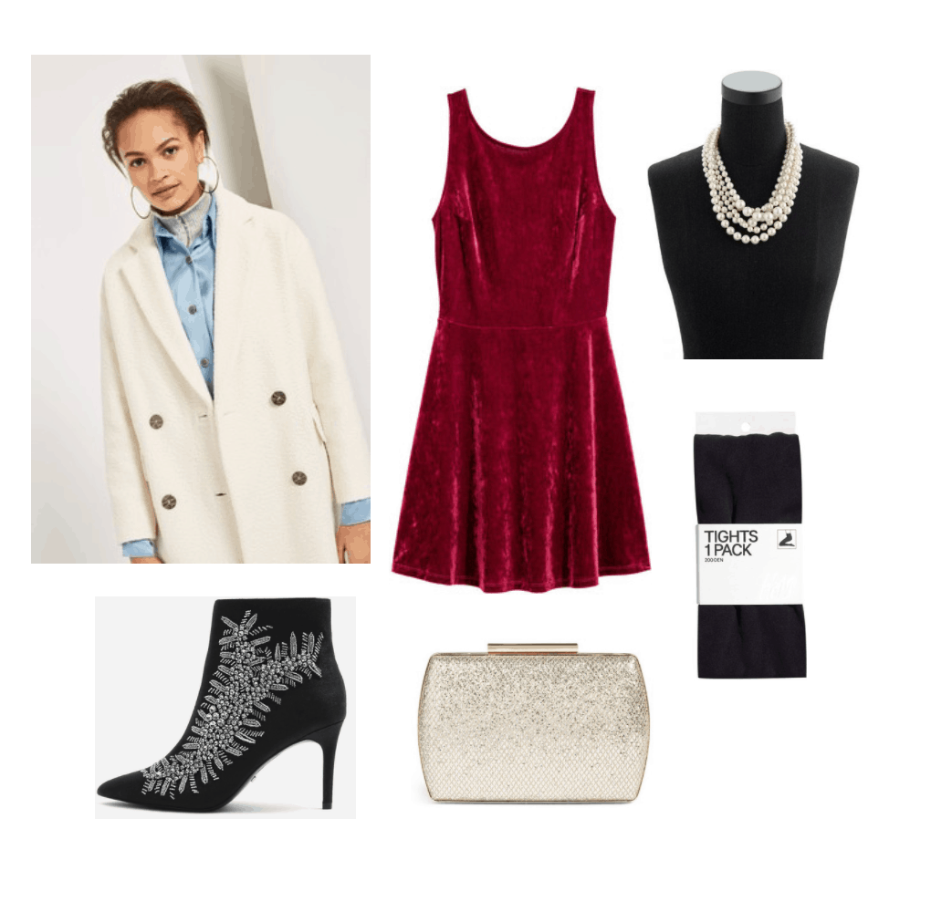 Festive Holiday Look: Red velvet dress, long coat, pearl necklace, embellished ankle boots, clutch, tights.