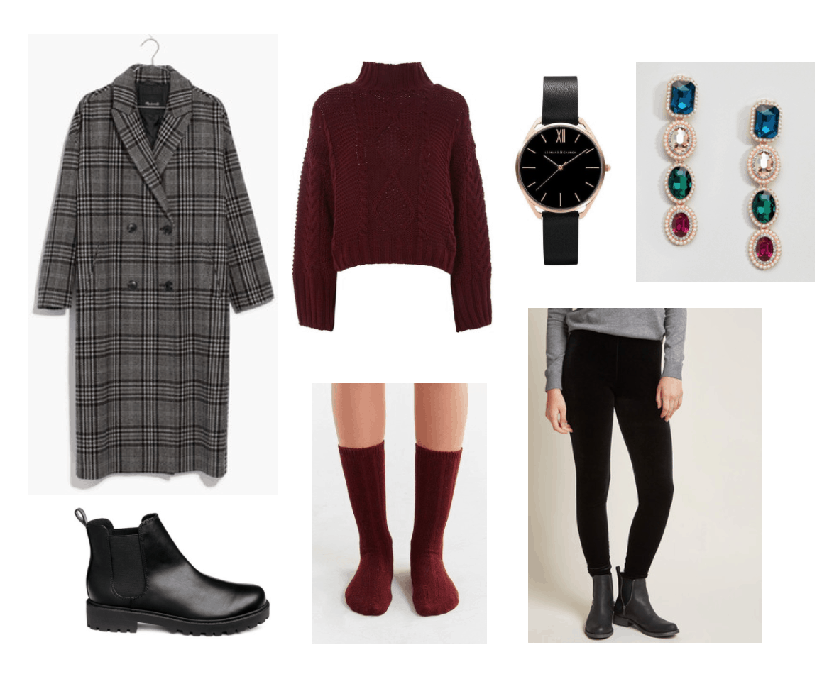 Festive Holiday Look: plaid coat, cable-knit sweater, black velvet leggings, chunky Chelsea boots, black watch, jewel drop earrings, socks