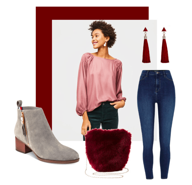 Polyvore set for blouson sleeves with accessories including: booties, a fur bag, high-waisted jeans, and tassel earrings.