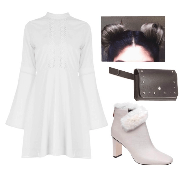 Outfit inspired by Princess Leia: White long sleeve dress, white boots with fur trim, studded black fanny pack