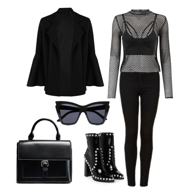 Outfit inspired by Darth Vader including black jeans, black mesh top over a bralette, black bell sleeve jacket, studded black boots, black top handle bag, and cat eye sunglasses