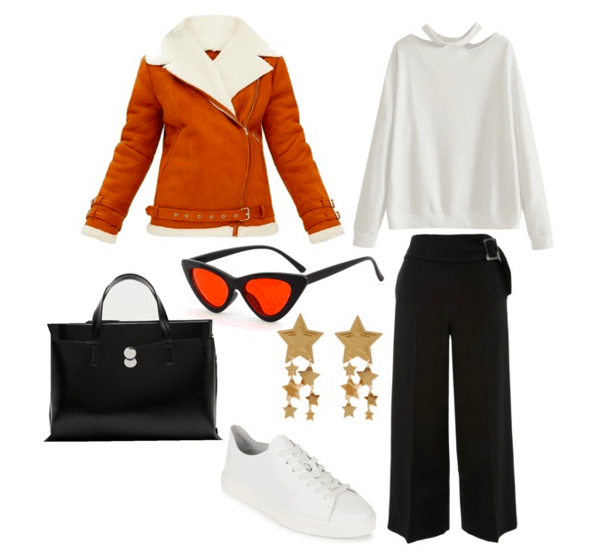 Outfit inspired by BB 8 from Star Wars: Orange and white shearling moto jacket, white choker cutout sweatshirt, black wide leg pants, black top handle purse, star earrings, orange and black sunglasses, simple white Calvin Klein sneakers