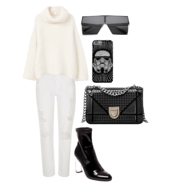 Stormtrooper outfit: White ripped jeans, white oversized turtleneck sweater, black perspex heel ankle booties, black quilted bag, stormtrooper iPhone case, oversized black angular sunglasses