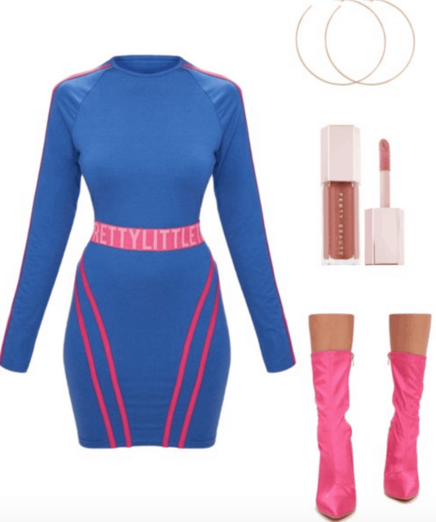 Outfit inspired by Fenty x Puma Spring 2018: Neon blue and pink dress, Fenty Beauty gloss bomb, neon pink pointed toe ankle booties, gold hoop earrings