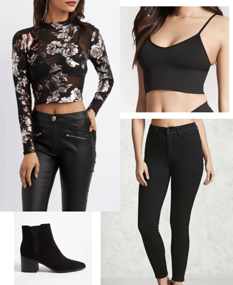 black jeans, floral, mesh, crop top, black bralette, ankle boots