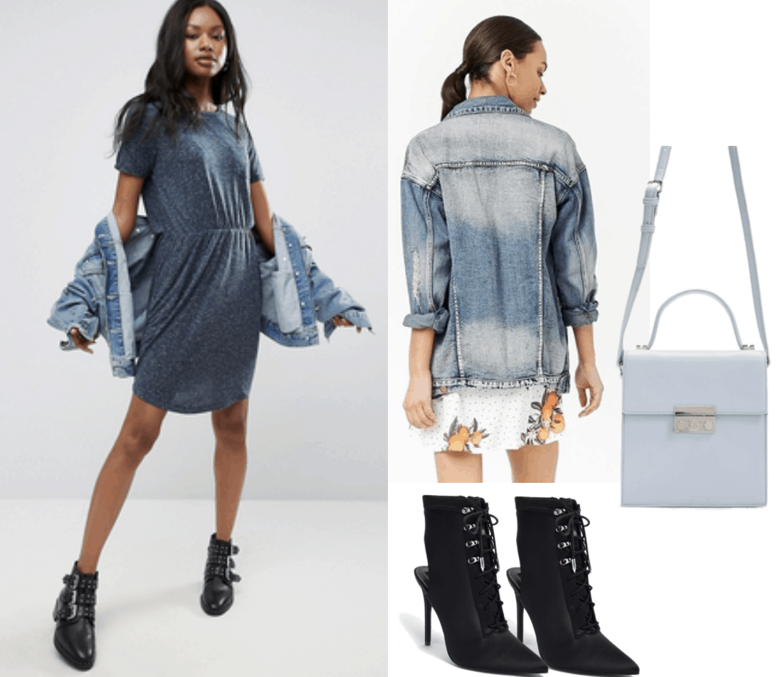 dress, denim jacket, crossbody bag, blue, black heels