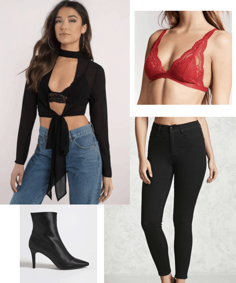 black jeans, red bralette, ankle boots, flowy, tie crop top, faux leather