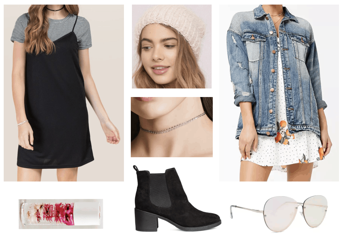 Sunday window shopping outfit with layered tee shirt dress, denim jacket, pink beanie hat, silver choker necklace, lip gloss, and mirrored sunglasses