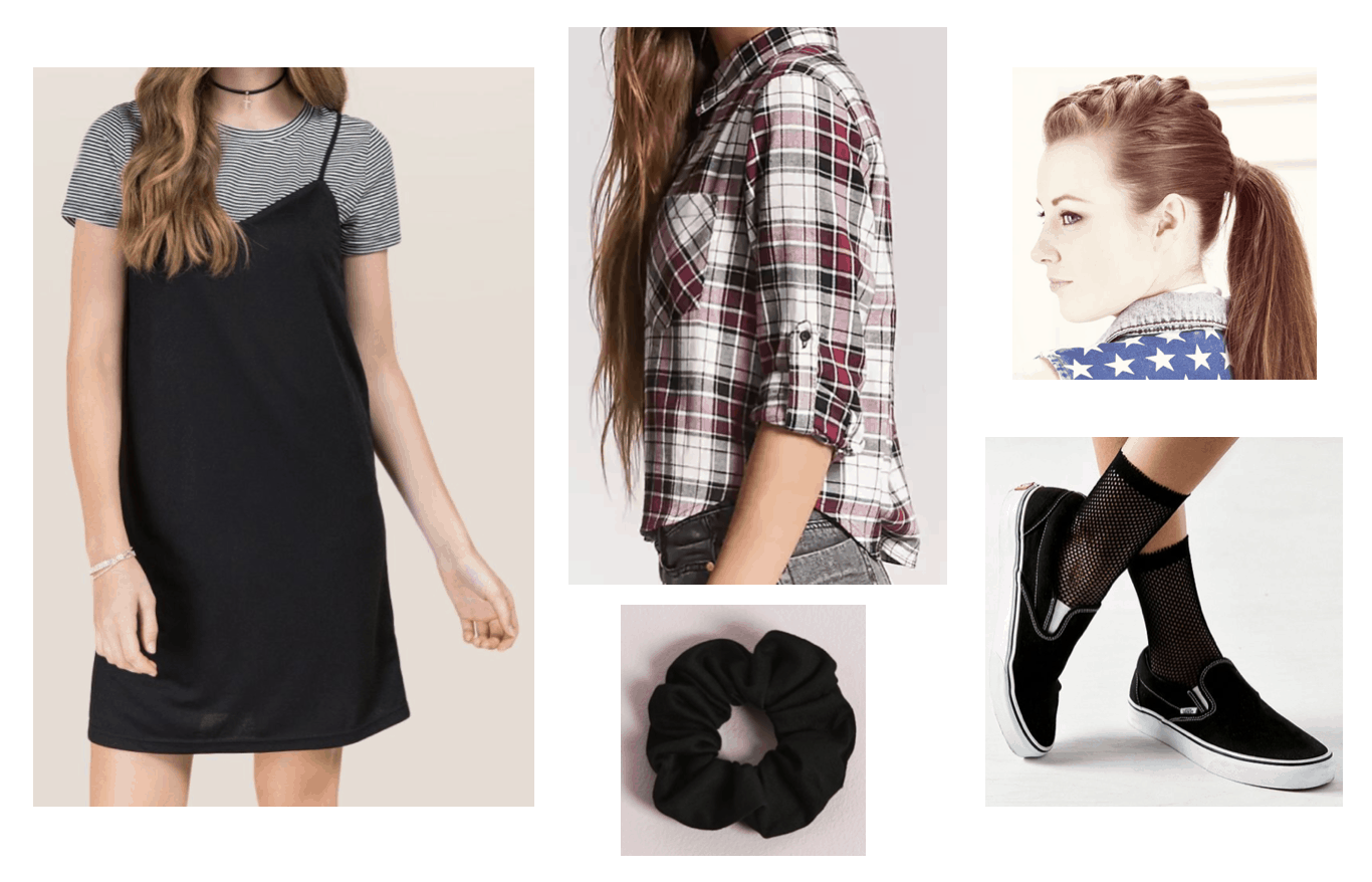 '90s outfit with layered tee shirt dress, plaid-button down shirt, black velvet scrunchie, braided ponytail and black slip-on Vans sneakers