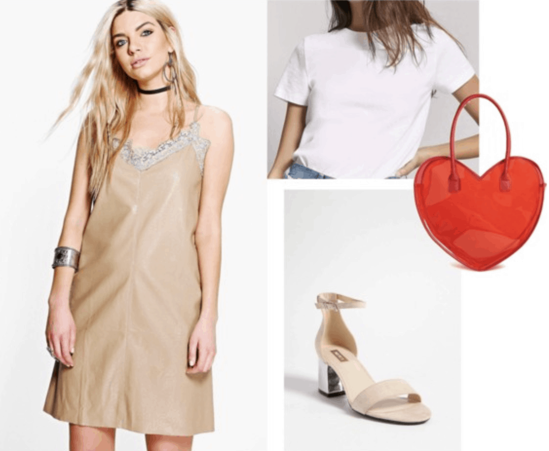 slip dress, nude, heels, white t-shirt, red, heart, tote bag