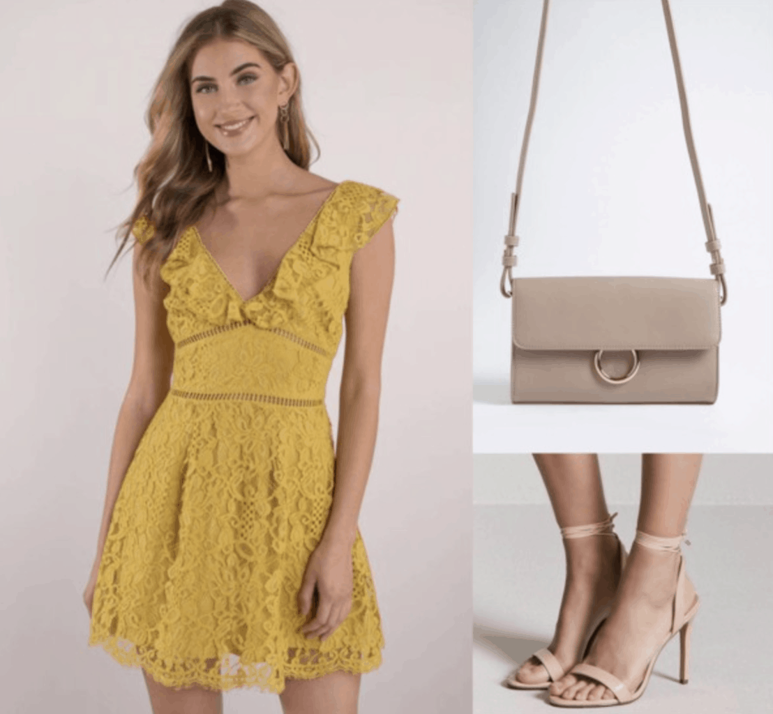 yellow, lace dress, heels, nude, bag, crossbody bag, brown