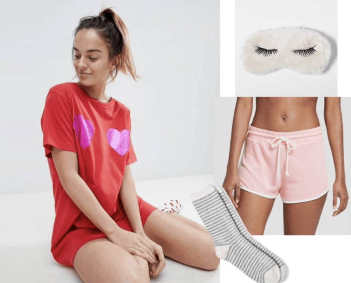 sleep shirt, valentine's day, red, pink shorts, pajama shorts, sleep mask, fuzzy socks