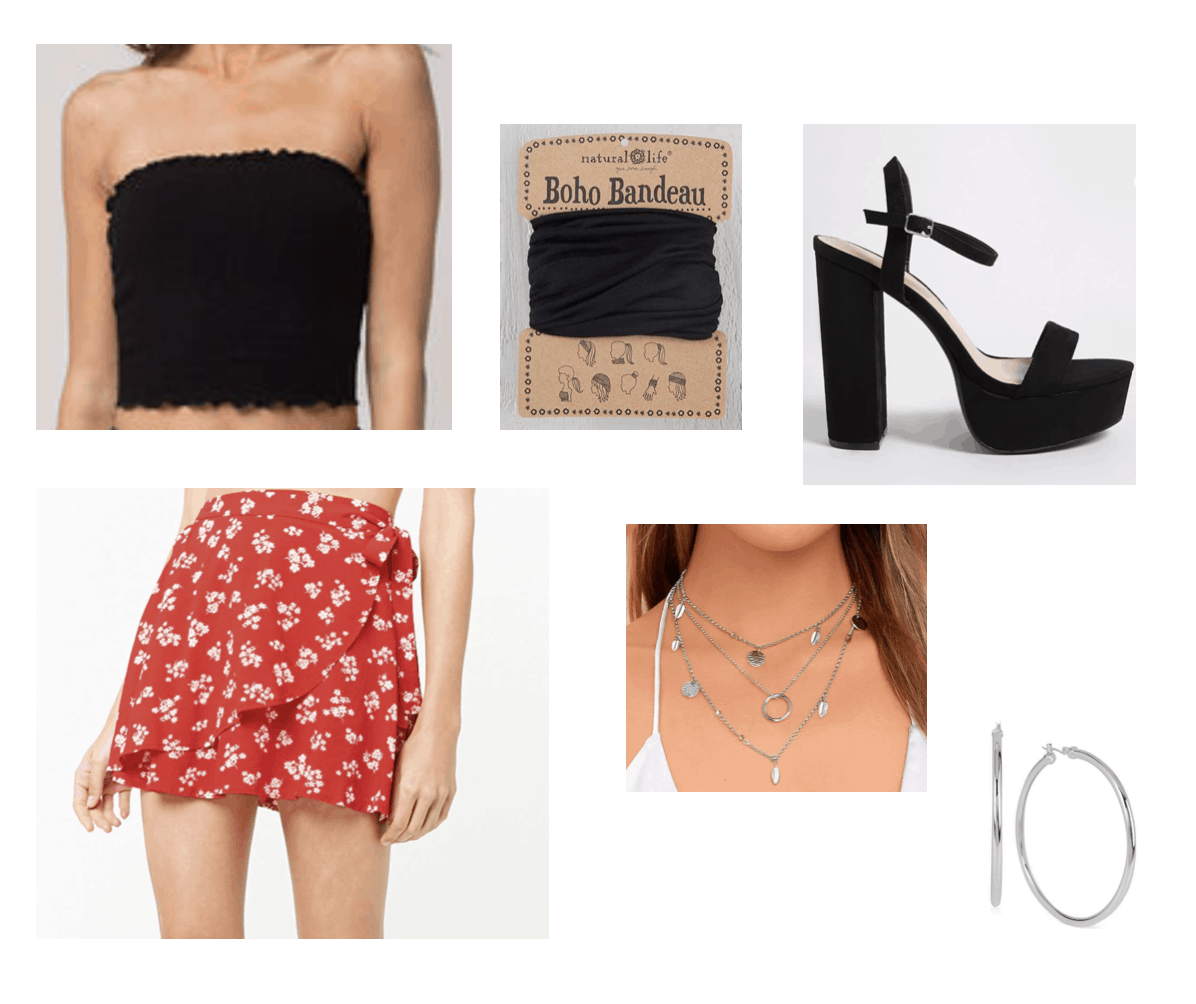 Floral skirt with black tube top, black heels, black head bandeau, silver necklace, and silver hoops