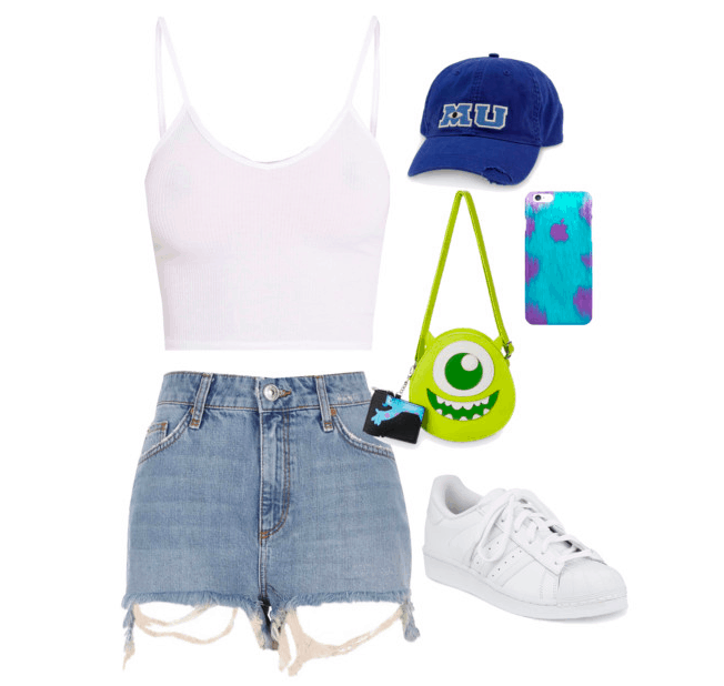 Disney parks outfit inspired by Monsters Inc: White tank top paired with cutoff denim shorts and white sneakers. Accessories include a Monster's Inc purse, phone case and a Monster's University baseball cap