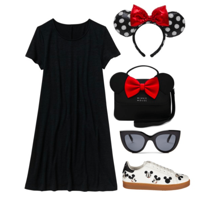 Minnie inspired outfit for the Disney parks: Black t-shirt dress with Mickey Mouse sneakers. Accessories include Minnie ears, a Minnie purse and cat eye sunglasses